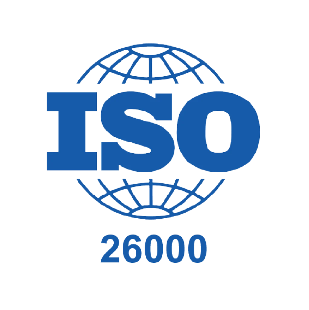 ISO 26000 international standard logo with globe symbol representing social responsibility and global guidelines